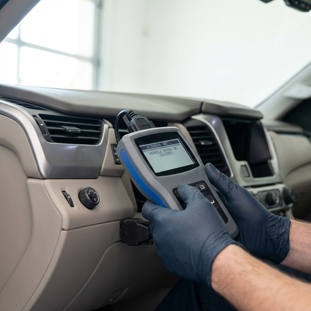 Close up of a technician scanning the OBD port inside a Chevy Tahoe with a handheld diagnostic tool screen visible chevy tahoe for sale