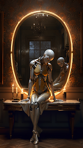 Female Robot Contemplating Reflection in Ornate Mirror