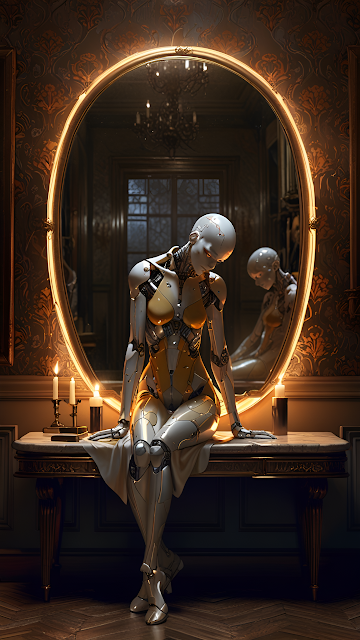 Female Robot Contemplating Reflection in Ornate Mirror - Free mobile Wallpaper