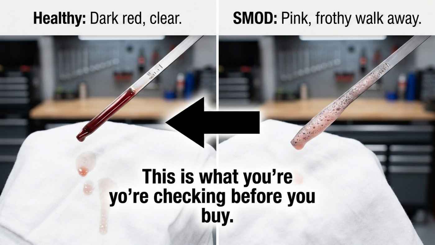 Comparison of healthy red transmission fluid and pink frothy SMOD fluid to check before buying a used Nissan Frontier.