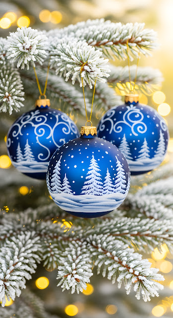 Frosted Pine Branch with Hand-Painted Blue Christmas Baubles - Free mobile Wallpaper