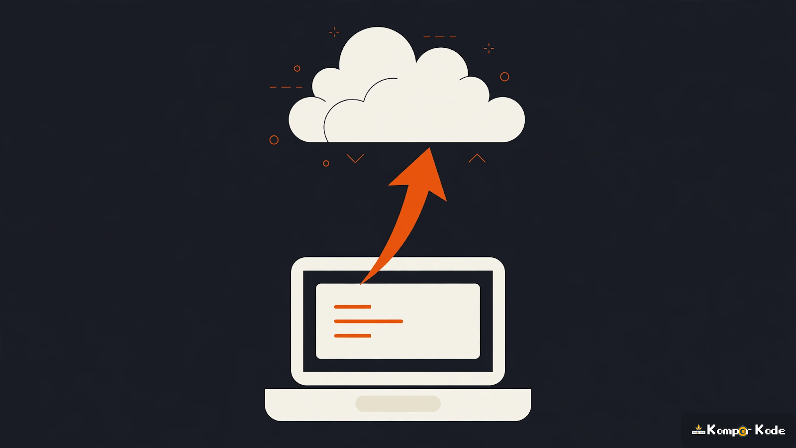 Ilustrasi laptop dengan panah upload ke awan, simbol push ke GitHub