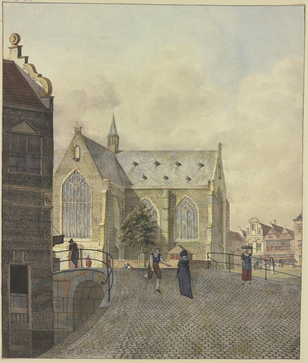 Kirche bei einer Brücke ein lahmer Bettler bei einer Dame 1797