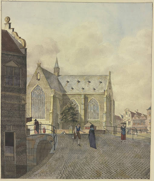 Kirche bei einer Brücke ein lahmer Bettler bei einer Dame 1797