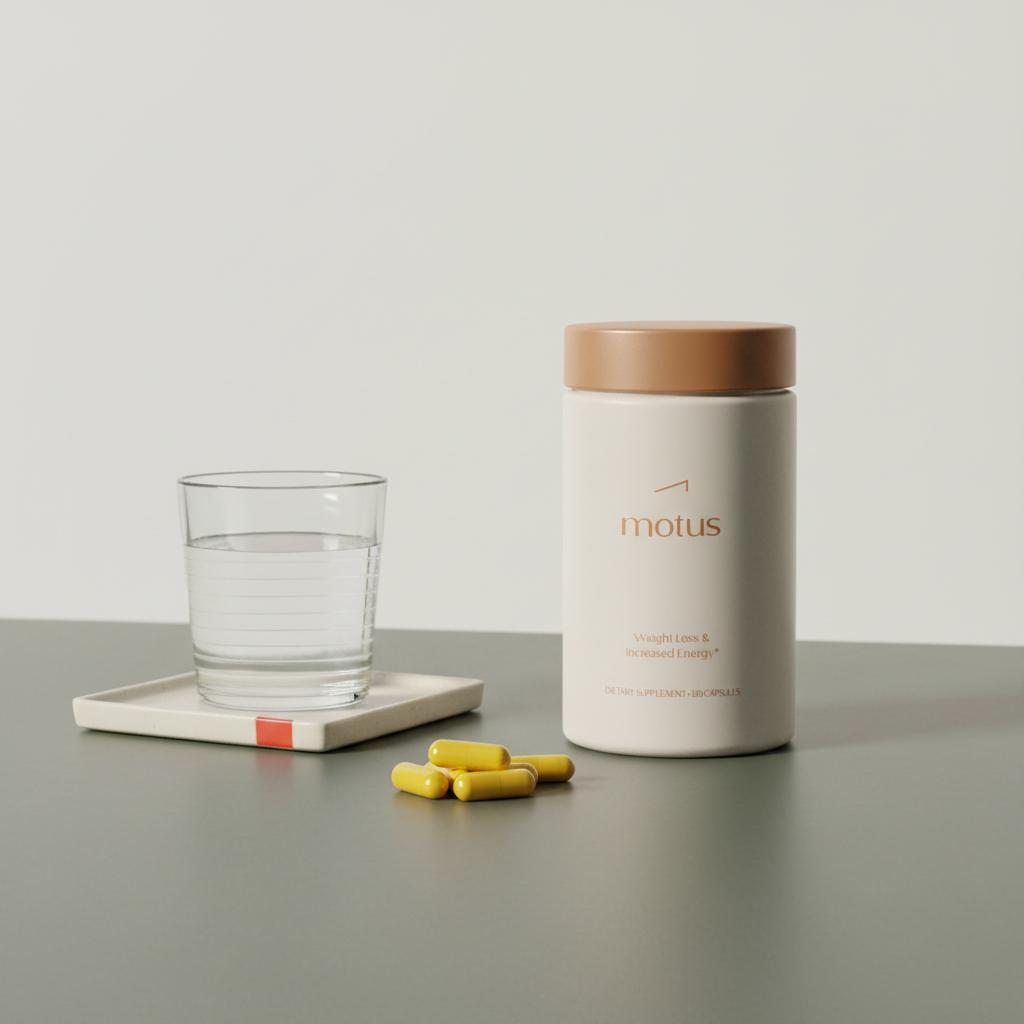 Minimal Tonum product shot with supplement jar, clear glass of water and yellow berberine capsules on a clean background — berberine vs berberine hcl