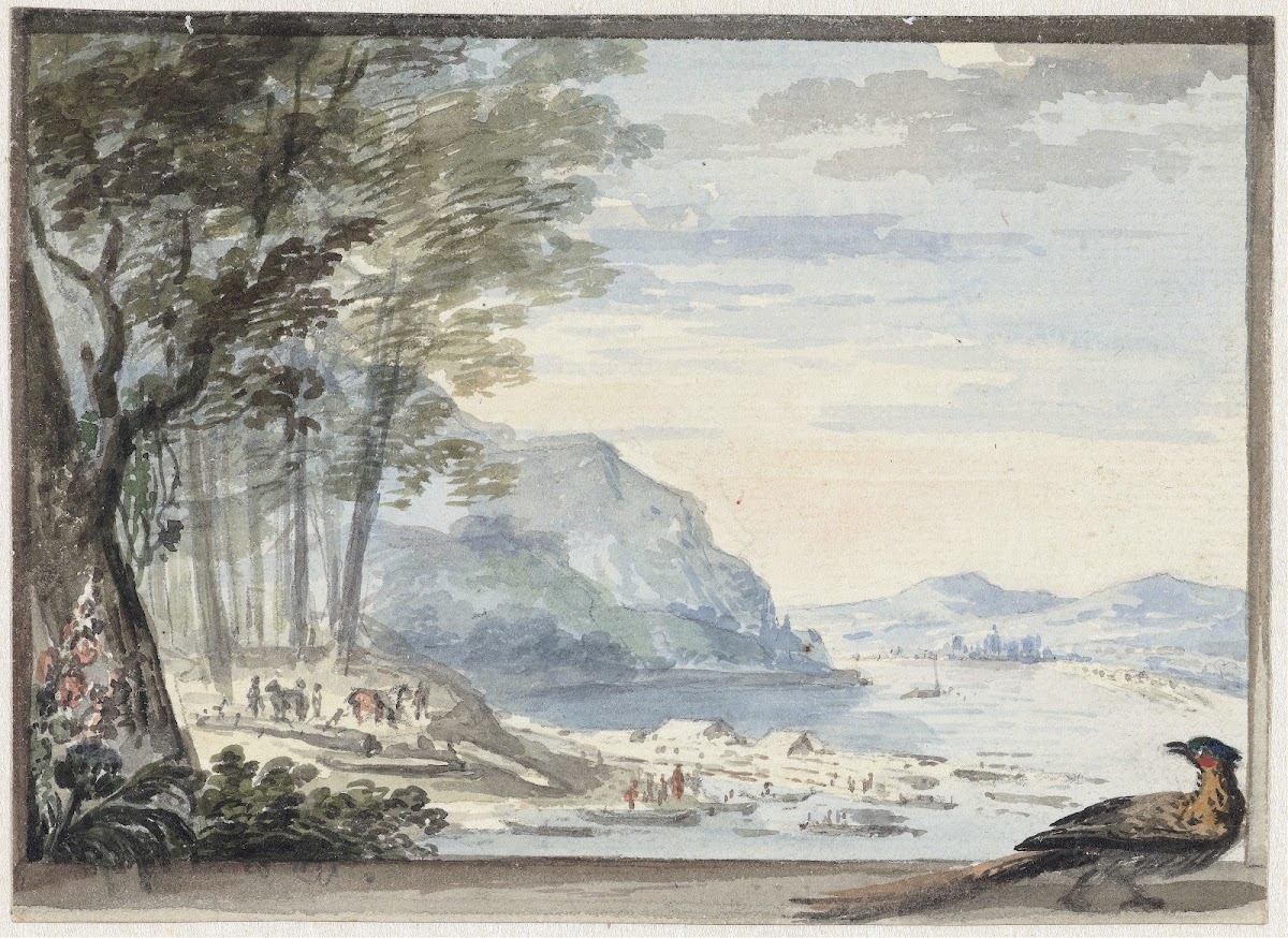 Rivierlandschap met op de voorgrond een hoen 1720   1792