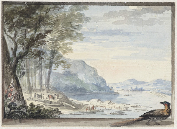 Rivierlandschap met op de voorgrond een hoen 1720   1792