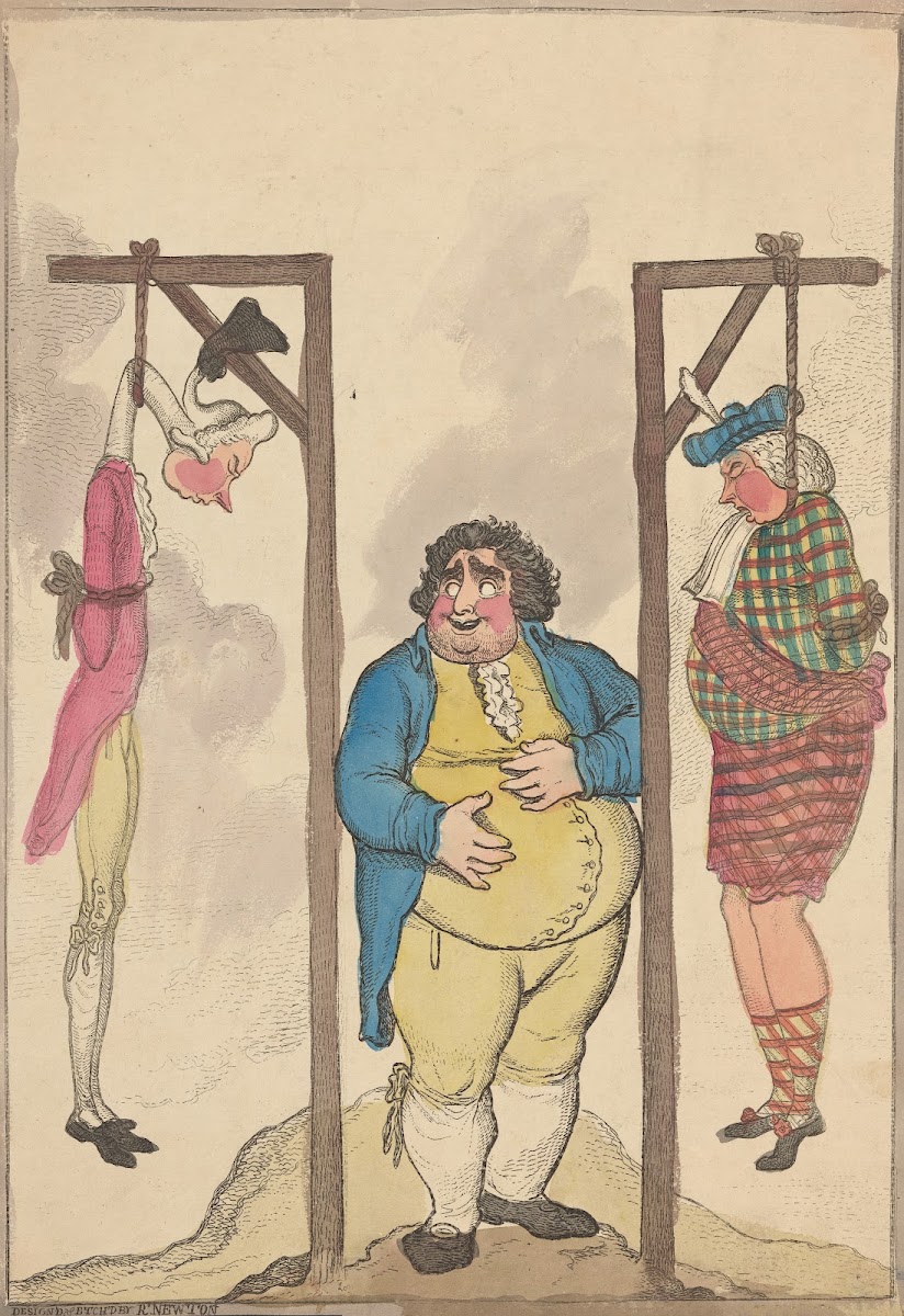 Fox stands between Pitt and Dundas as they hang on gallows 1797