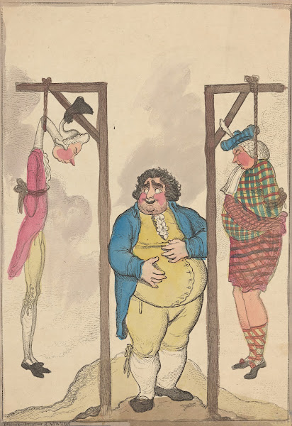 Fox stands between Pitt and Dundas as they hang on gallows 1797