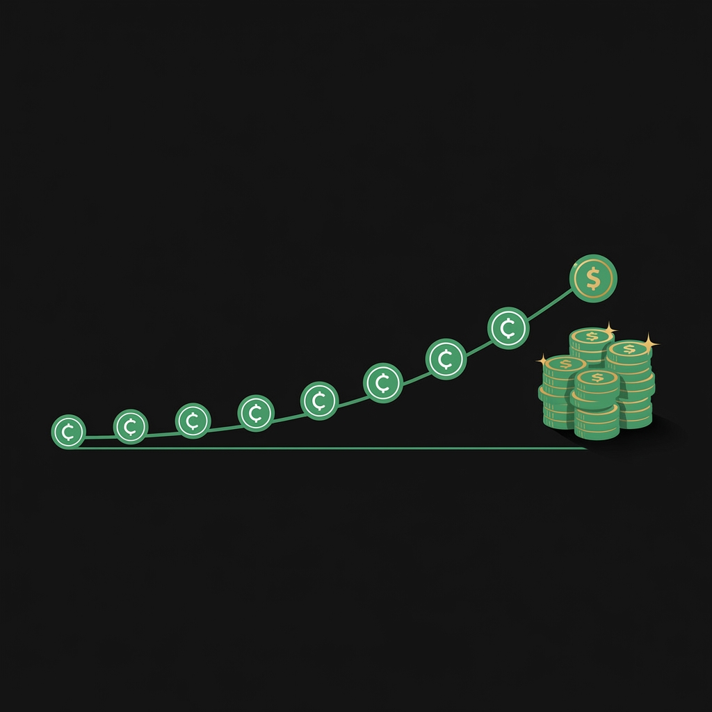 Minimalist full frame timeline showing recurring small contributions growing into a larger sum illustrating compound growth and how do you start investing