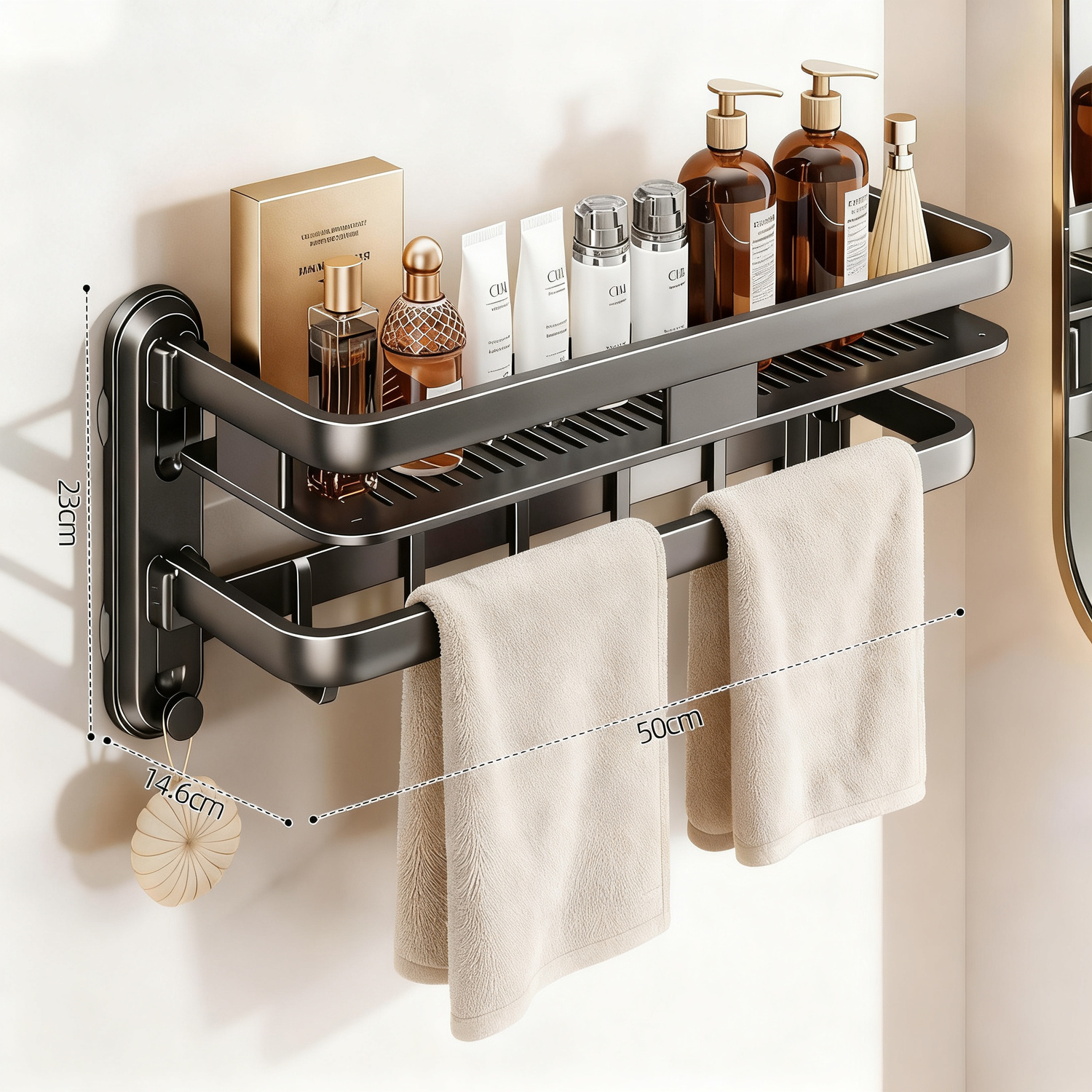 Bathroom shelf with suction cup, multi-layered