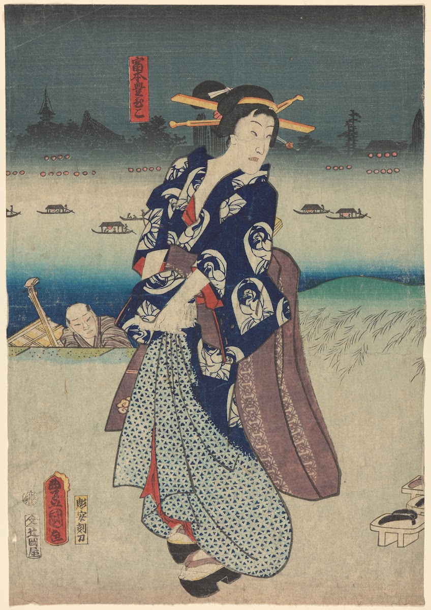 Evening Woman in Blue Kimono on Roof late 18th century  early 19th century