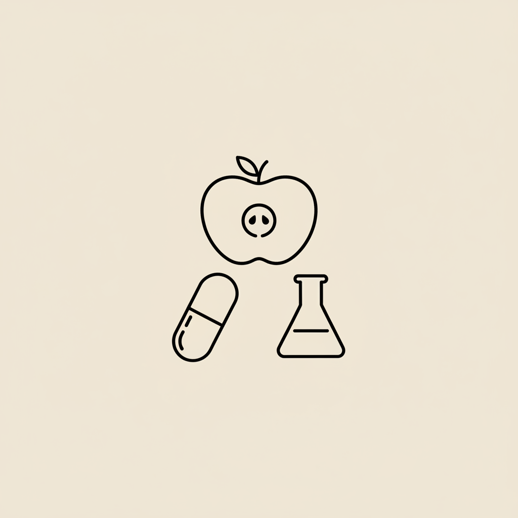 Minimal Tonum-style vector line illustration of a capsule, sliced apple, and lab beaker on a beige background representing apple cider vinegar pills
