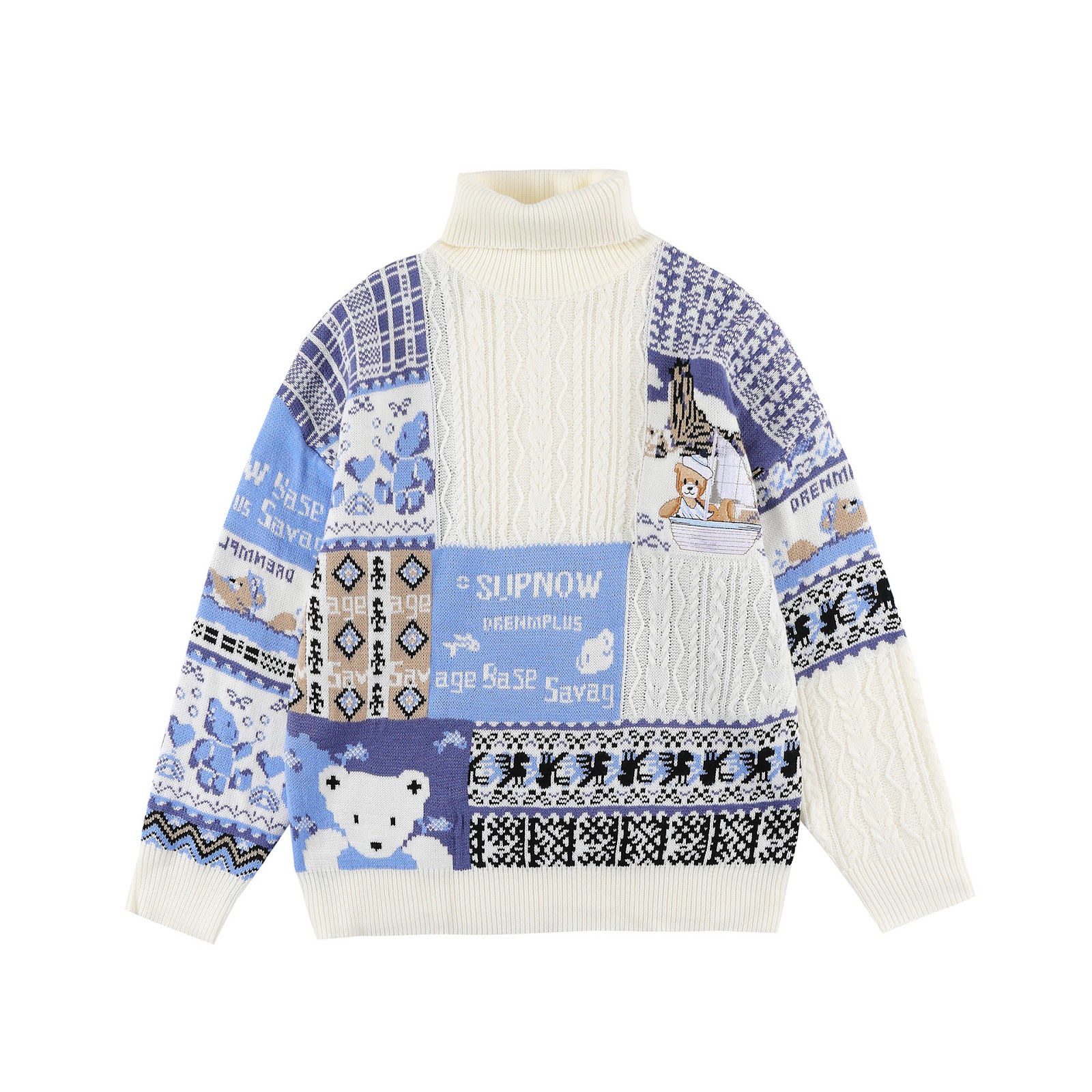 Retro Knitted Sweater with Cable Pattern and Bear Motif