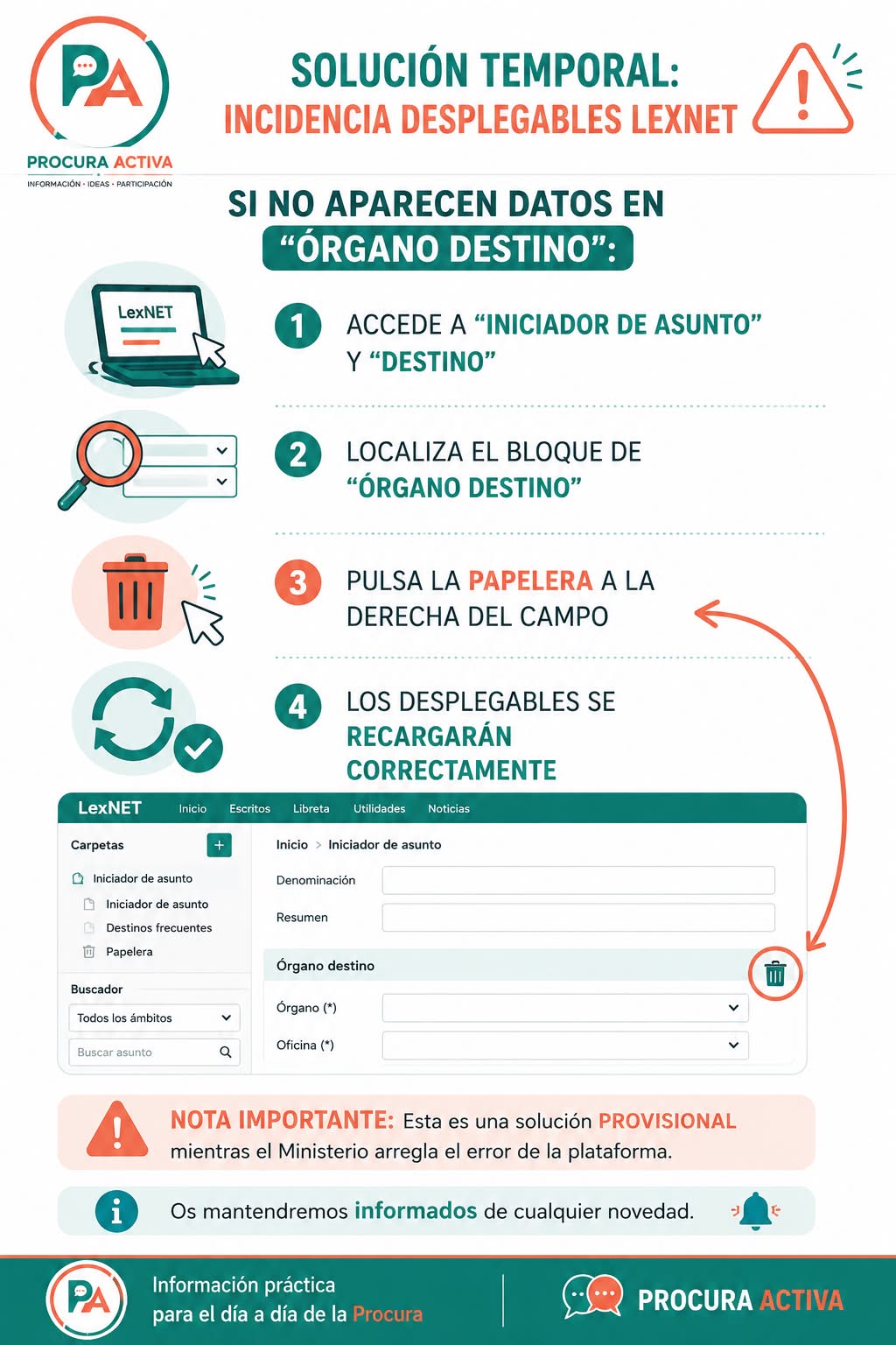 LexNET | Solución provisional para los desplegables vacíos de «Órgano destino»