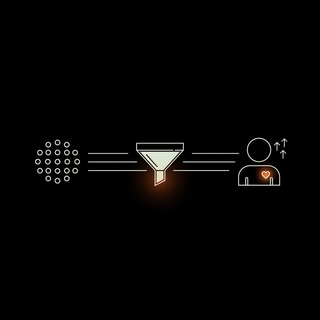 Minimal vector infographic of detection flow from data points to filter icon to abstract moderator silhouette in Social Success Hub palette, full-frame, yelp paid reviews