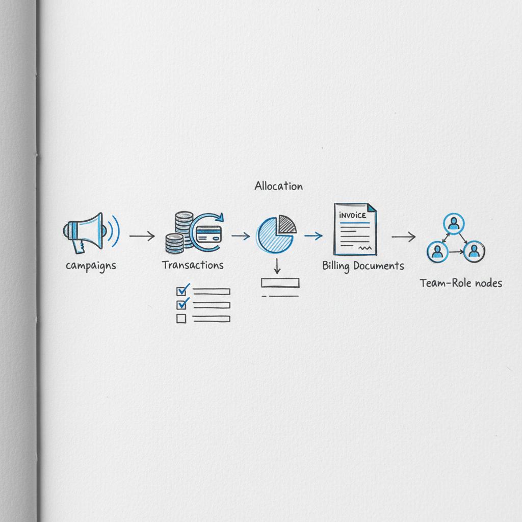 Close-up notebook sketch of a minimalist billing flowchart linking campaign, transaction, and invoice icons &mdash; Why did Google Ads charge me $500?