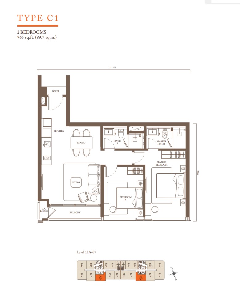 Pavilion Square Residences Type C1 floor plan — 966 sq ft, 3 bedrooms