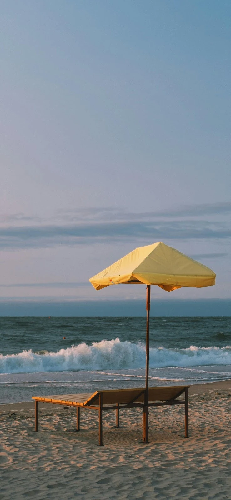 Yellow Umbrella On Empty Beach - Coastal Photography 4K iPhone Wallpaper (2406x5212)