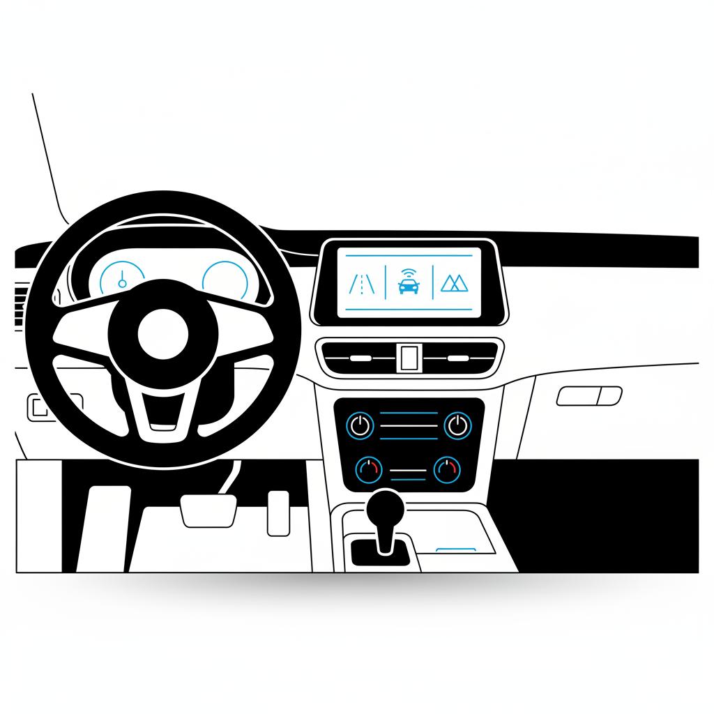 Minimalist 2D vector car interior showing dashboard infotainment screen and driver assist controls suggesting safety features mazda cx 5 for sale