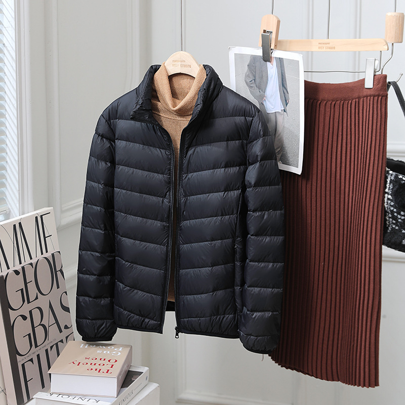 Light women's down jacket, stand-up collar, 90% duck down
