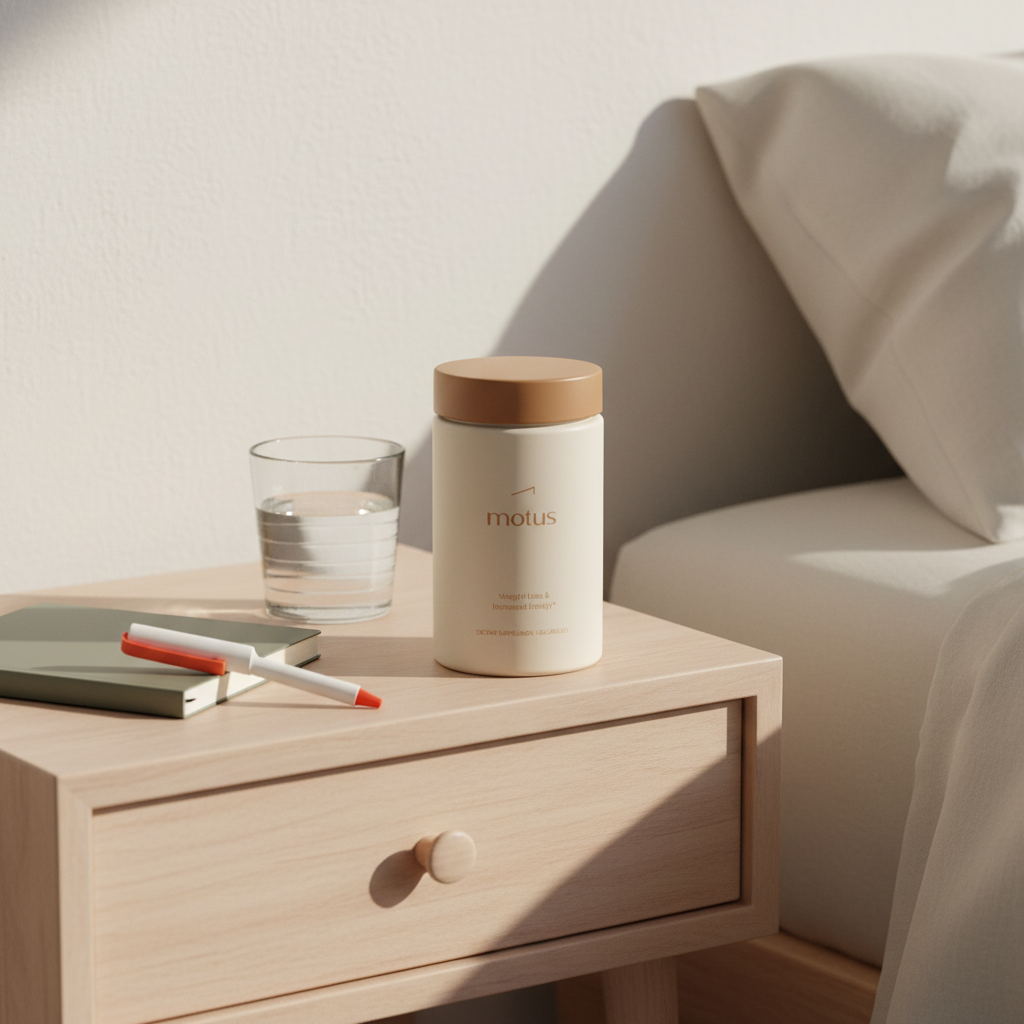 Minimalist bedside scene with Motus supplement jar, glass of water and notebook on Tonum-colored background, showing increase metabolic rate pills for a calm daily routine.