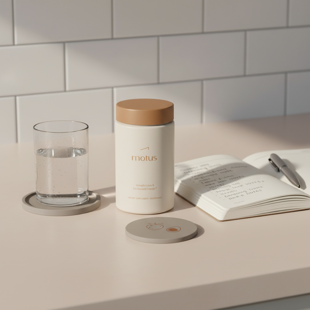 Minimalist kitchen countertop with Tonum Motus supplement container beside a glass of water and an open notebook with training notes, coaster with berry and egg icons, creatine weight gain