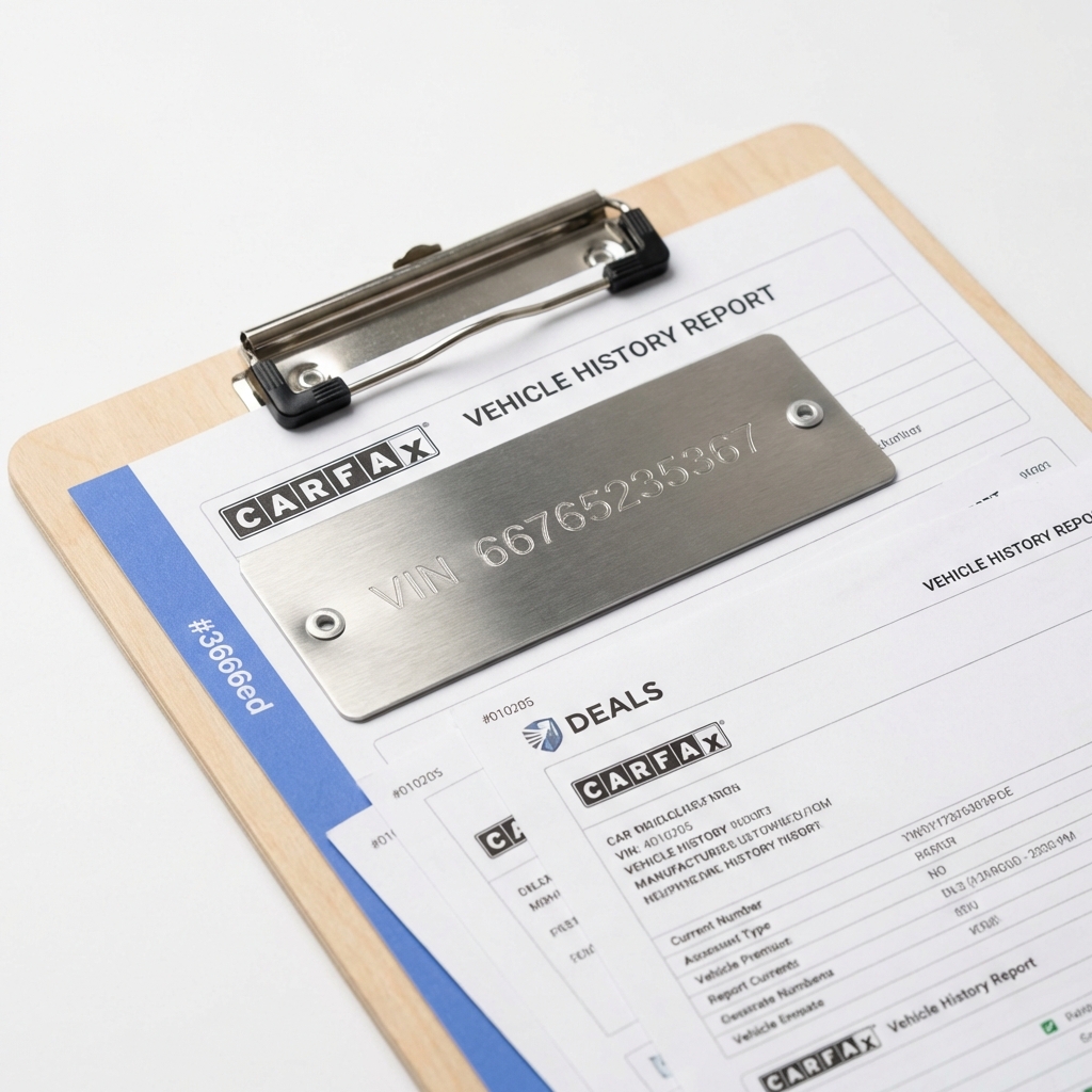 Close up photo of a car VIN plate and vehicle history documents on a clipboard with a subtle CarFax Deals blue accent on the clipboard edge new or used vw