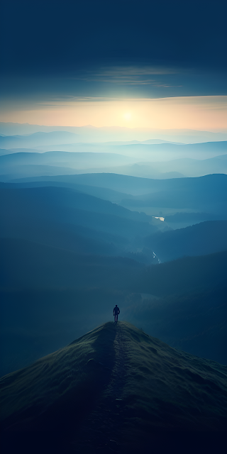 Hiker Sunrise Blue Mountain Layers Ridge Silhouette Vista - Free mobile Wallpaper
