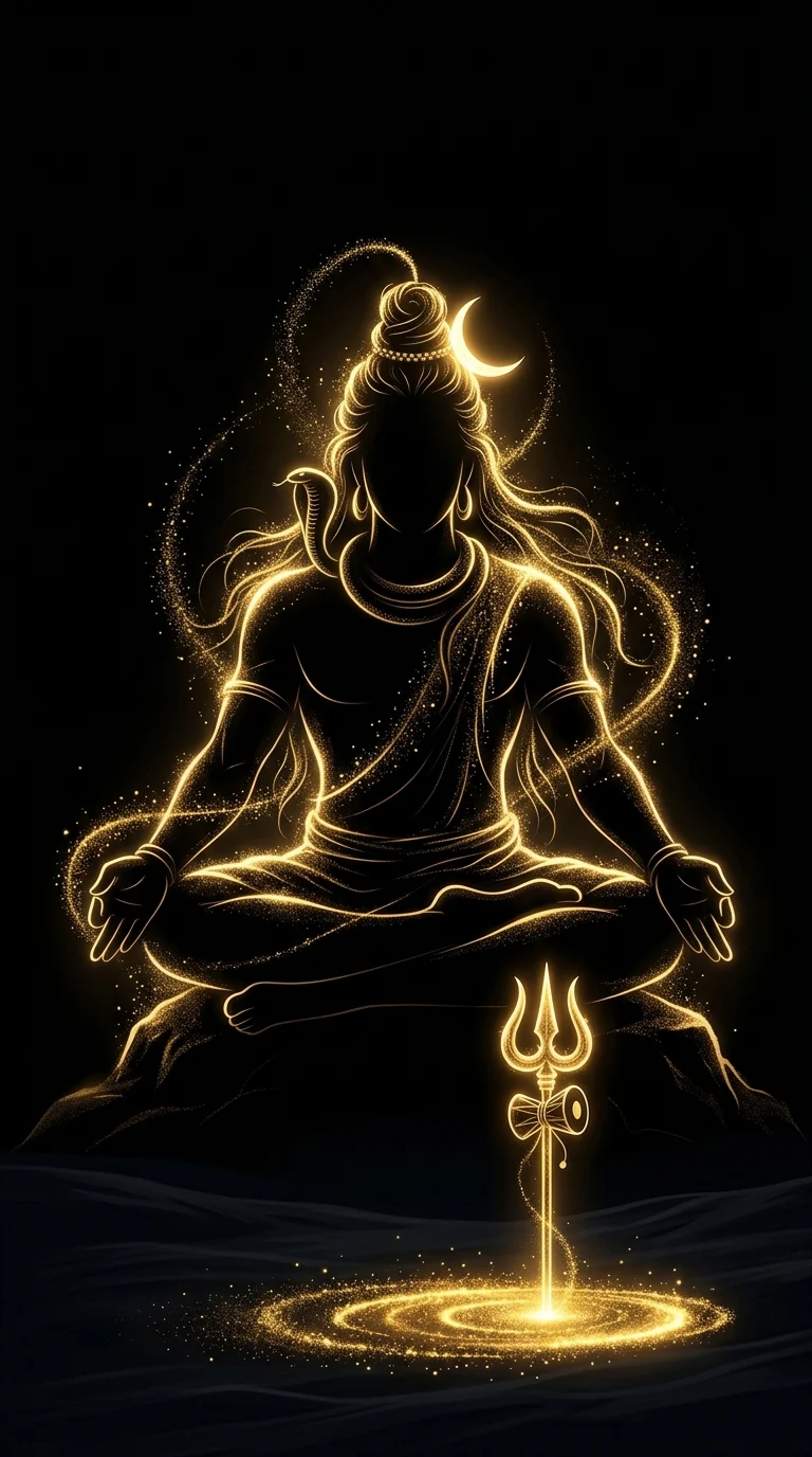 Abstract Silhouette of Lord Shiva in Glowing Gold Light Particles - Free 4K mobile Wallpaper