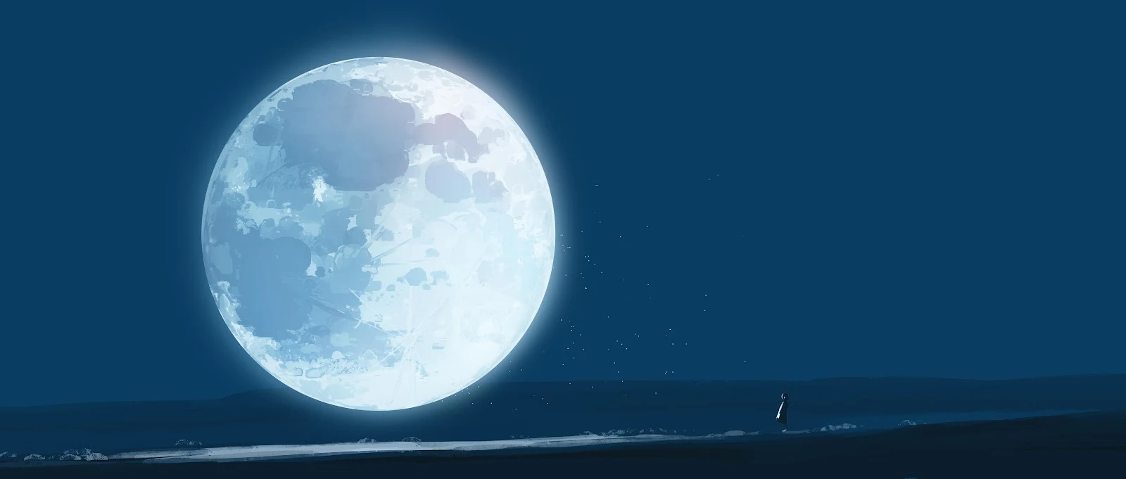 Giant Moon Over Lone Figure - Digital Illustration 4K Wallpaper (5640x2400)