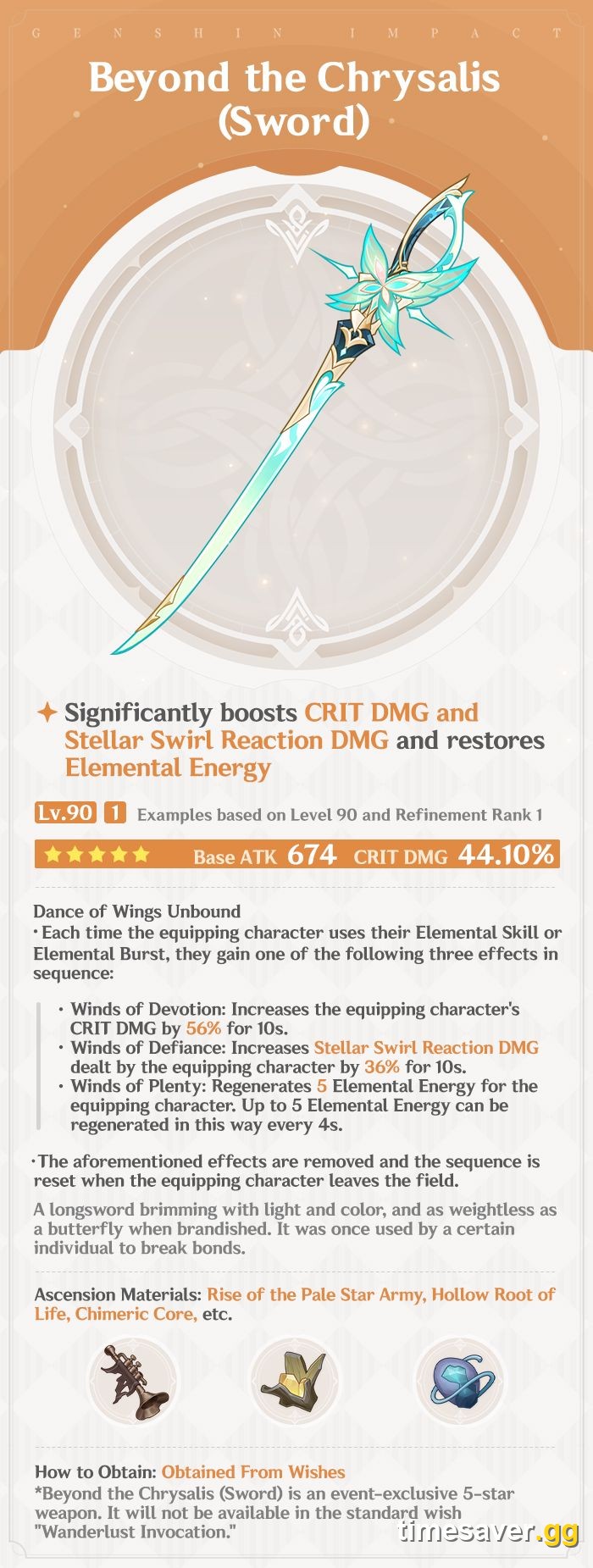 Official Genshin Impact Version 7.1 weapon card for Beyond the Chrysalis, a five-star sword with 674 Base ATK and 44.10 percent CRIT DMG