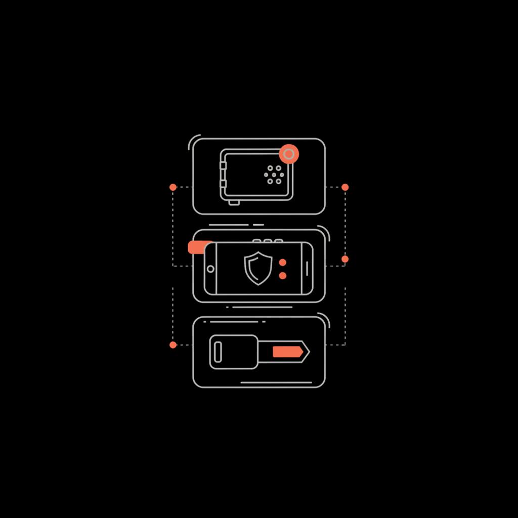 Minimal 2D vector infographic of layered security — password manager, authenticator app, hardware key — on a black background to illustrate how to open Gmail without phone number.