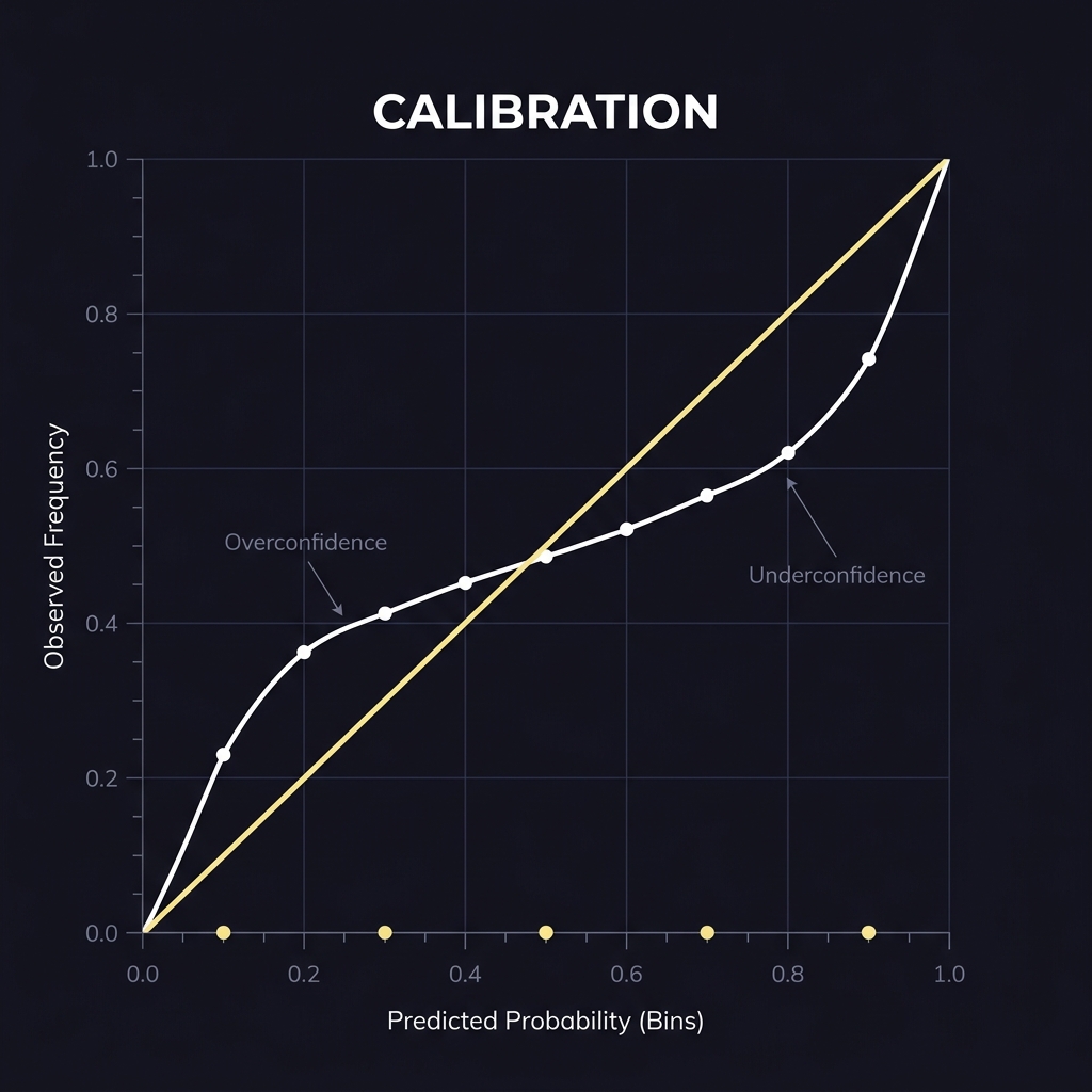 Minimalist reliability diagram for a bet slip app showing predicted probability bins on the x axis and observed frequency on the y axis annotated to highlight overconfidence and underconfidence