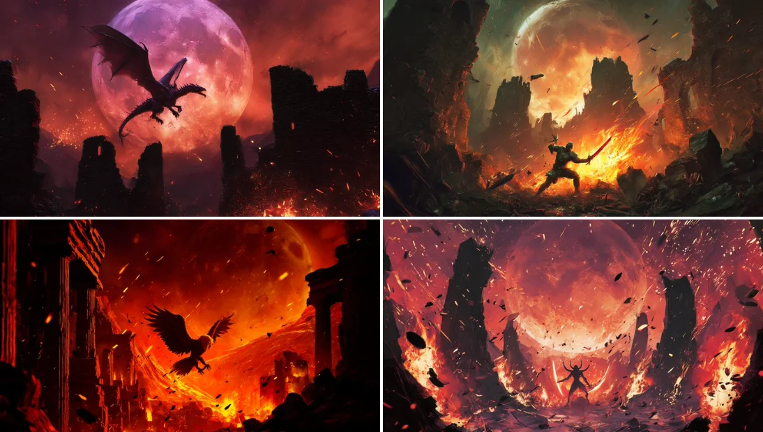 Escena de batalla cinematográfica: El sujeto en ruinas bajo la luna de sangre