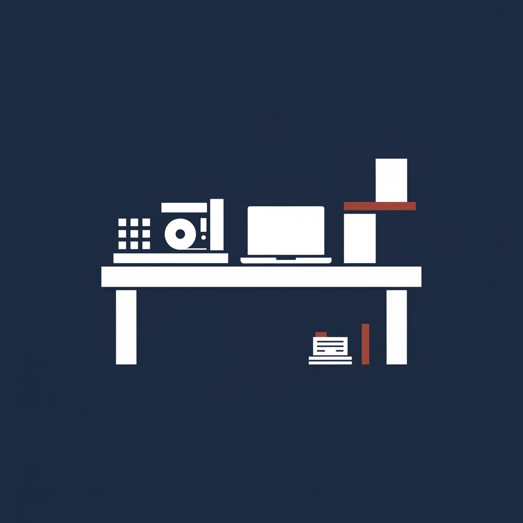 Minimalist 2D vector reading table with open microfilm and a simplified archival portal on laptop for constitutional republic research in Michael Carbonara navy and white palette