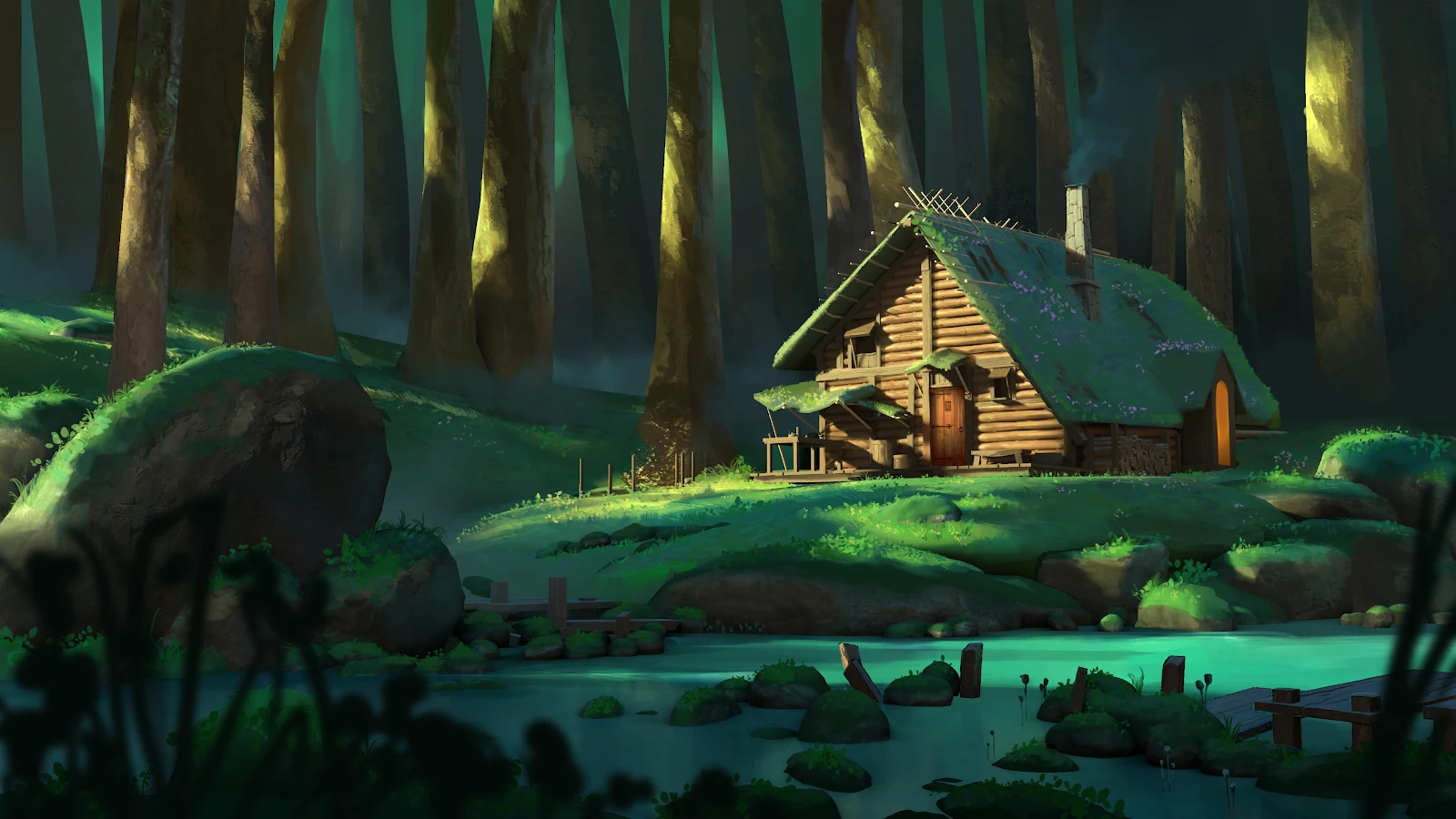 Forest Cabin By The Dark River - Digital Concept Art 4K Wallpaper (3840x2160)