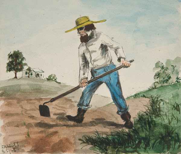 Unidentified Illustration of a Man Hoeing a Garden recto Three Figure Studiesver