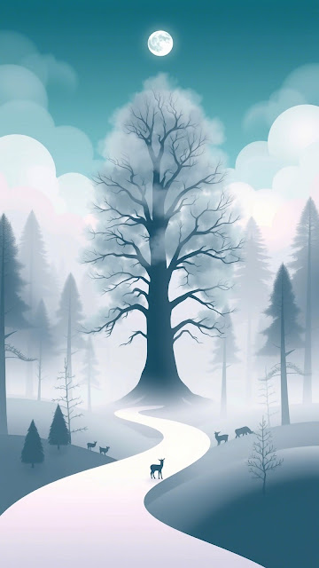 Misty Winter Forest Illustration Deer Full Moon Teal Fog - Free mobile Wallpaper