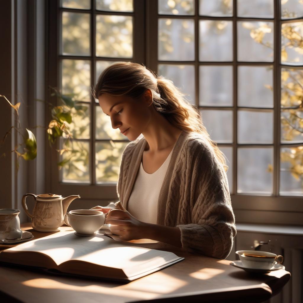 woman journaling with a cup of tea in a cozy setting, sunlight coming through window