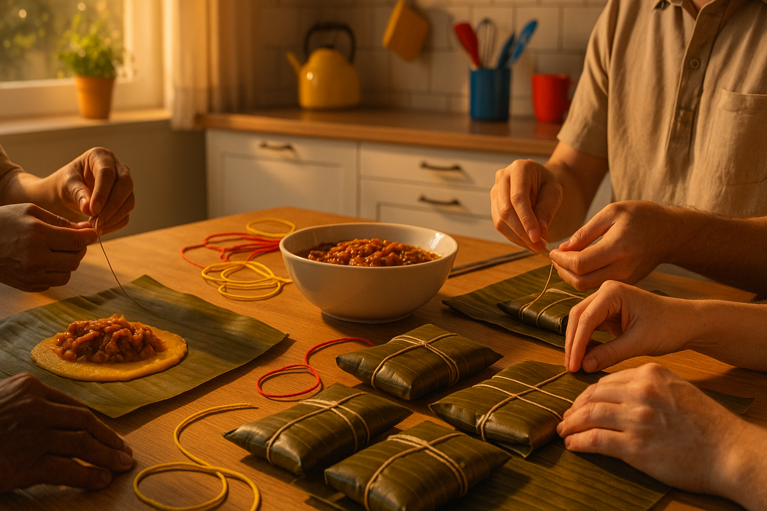 Manos venezolanas preparando hallacas en una cocina hogareña en el exterior