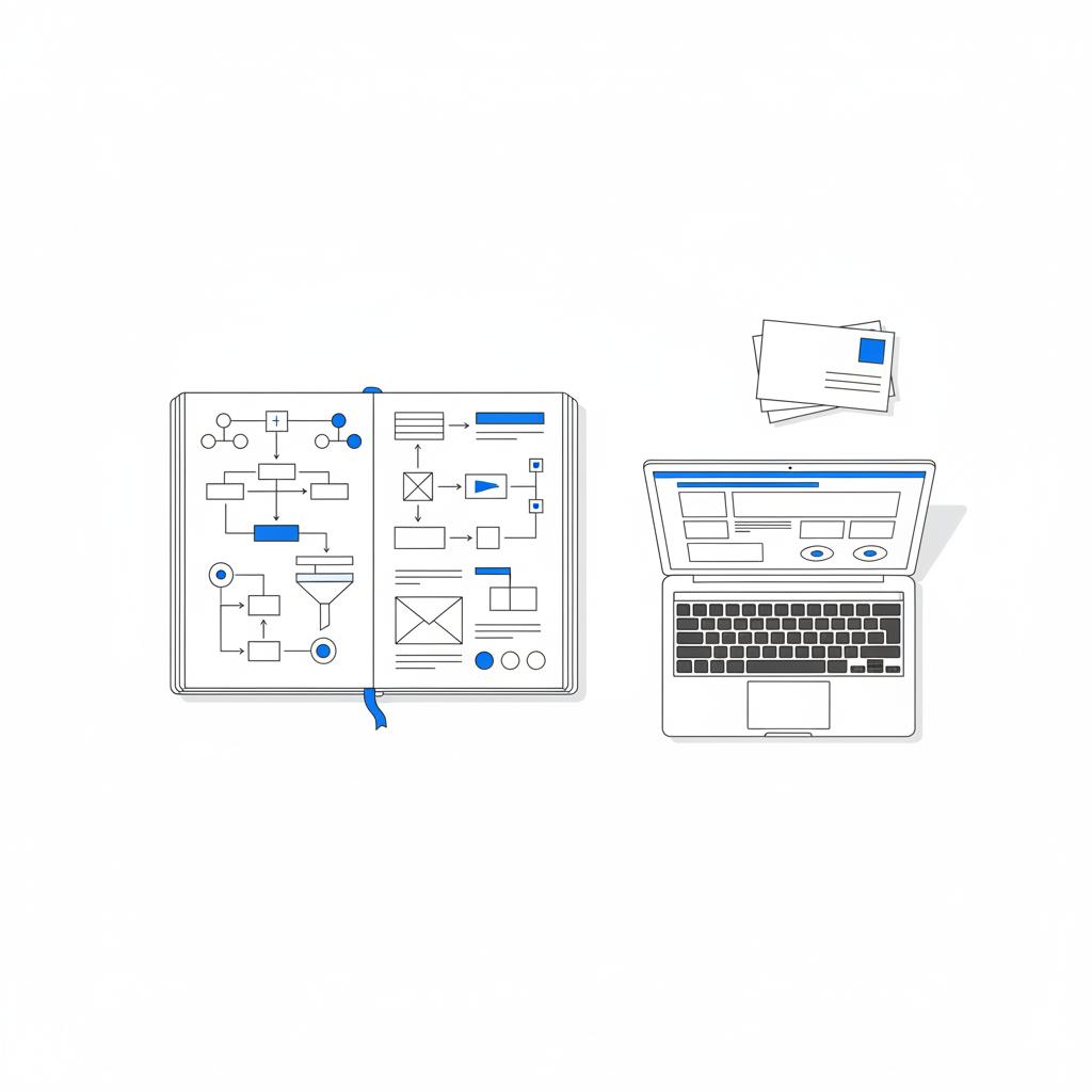 Top-down vector illustration of a tidy desktop with a notebook customer journey map, a stack of postcards, and a laptop wireframe in clean brand colors for small business advertising.