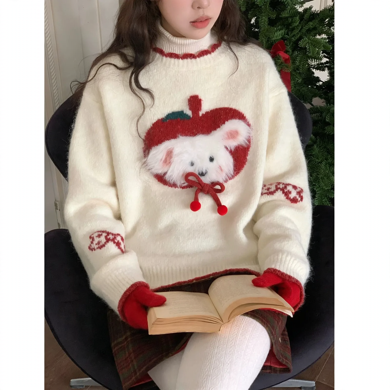 Fluffy knitted sweater in contrasting colors