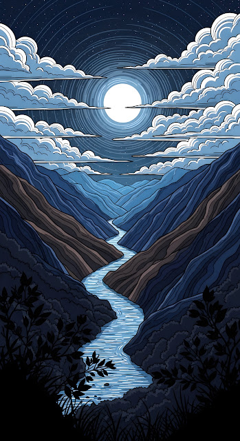 Stylized Night River Flowing Through Moonlit Mountain Canyon - Free mobile Wallpaper