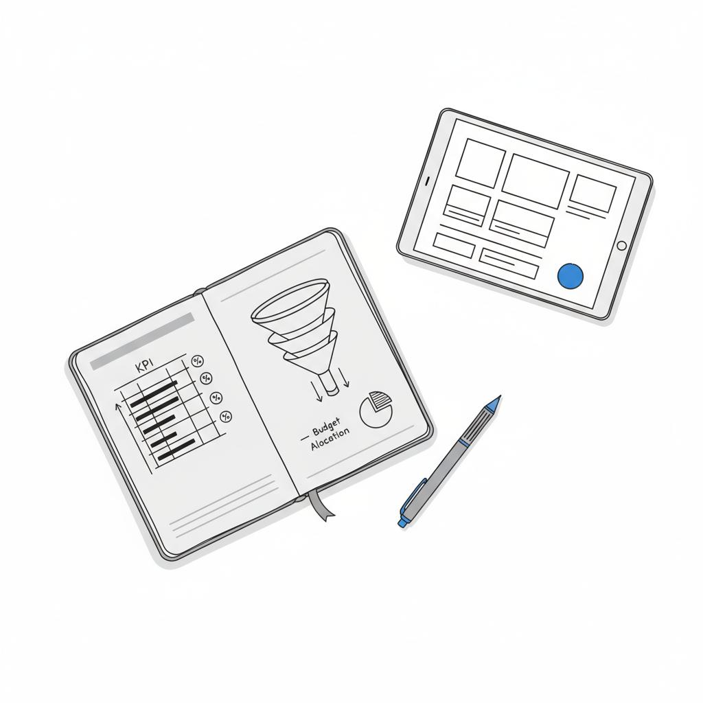 Top-down vector flatlay of a notebook with a sketched KPI table, pen and tablet showing an abstract ad layout on a clean white background &mdash; instagram ads ROI