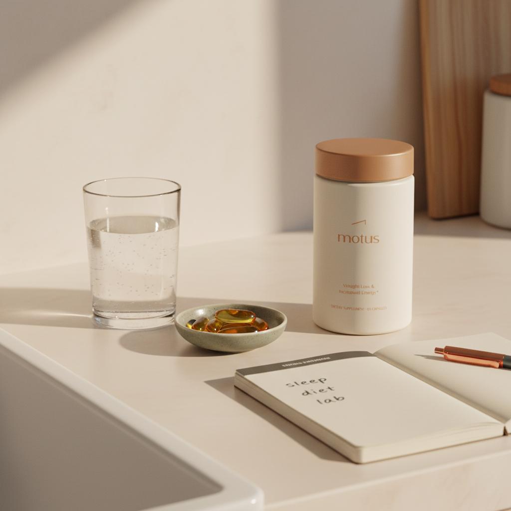Tonum Nouro bottle beside a glass of water and a ceramic dish of fish oil softgels with a notepad listing sleep, diet, lab reminders on a tidy counter — vitamins for brain fog