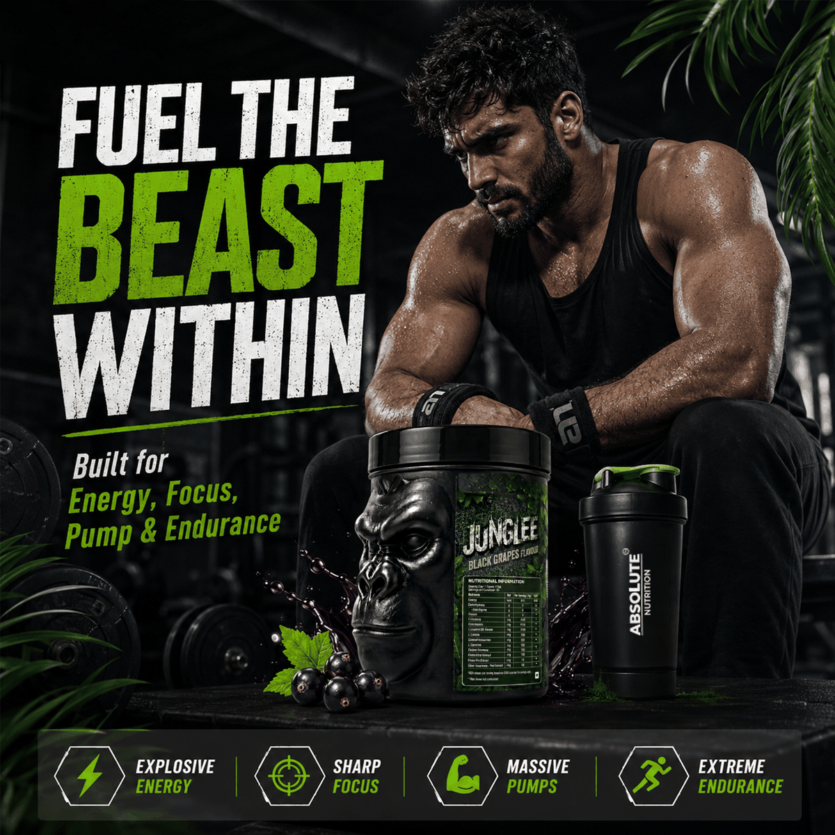 Absolute Nutrition Junglee Pre Workout — Black Grapes, 300g