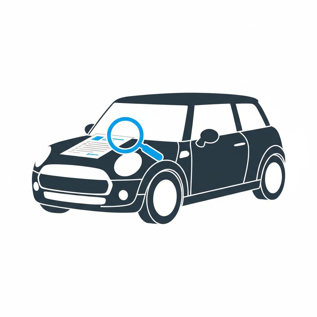 Minimal flat vector of a Mini Cooper with a printed vehicle history report on the hood highlighted by a blue magnifying glass focusing on service records mini cooper for sale