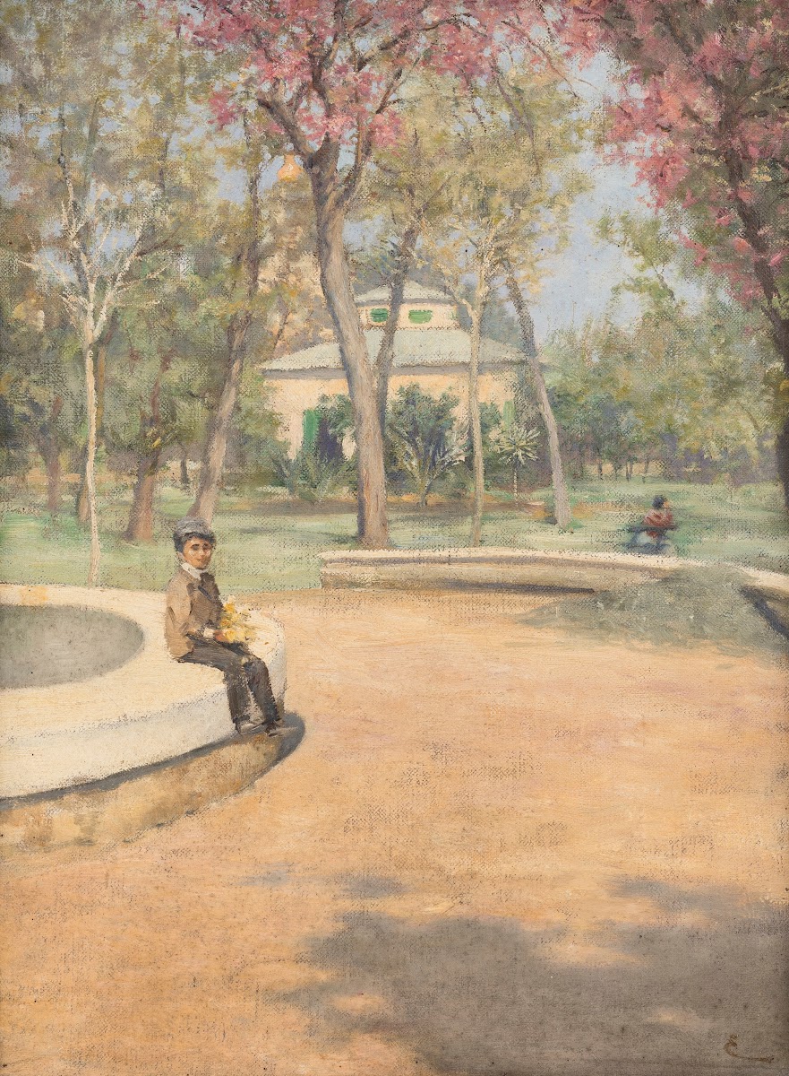 In the park a boy sitting at the edge of a fountain 1880