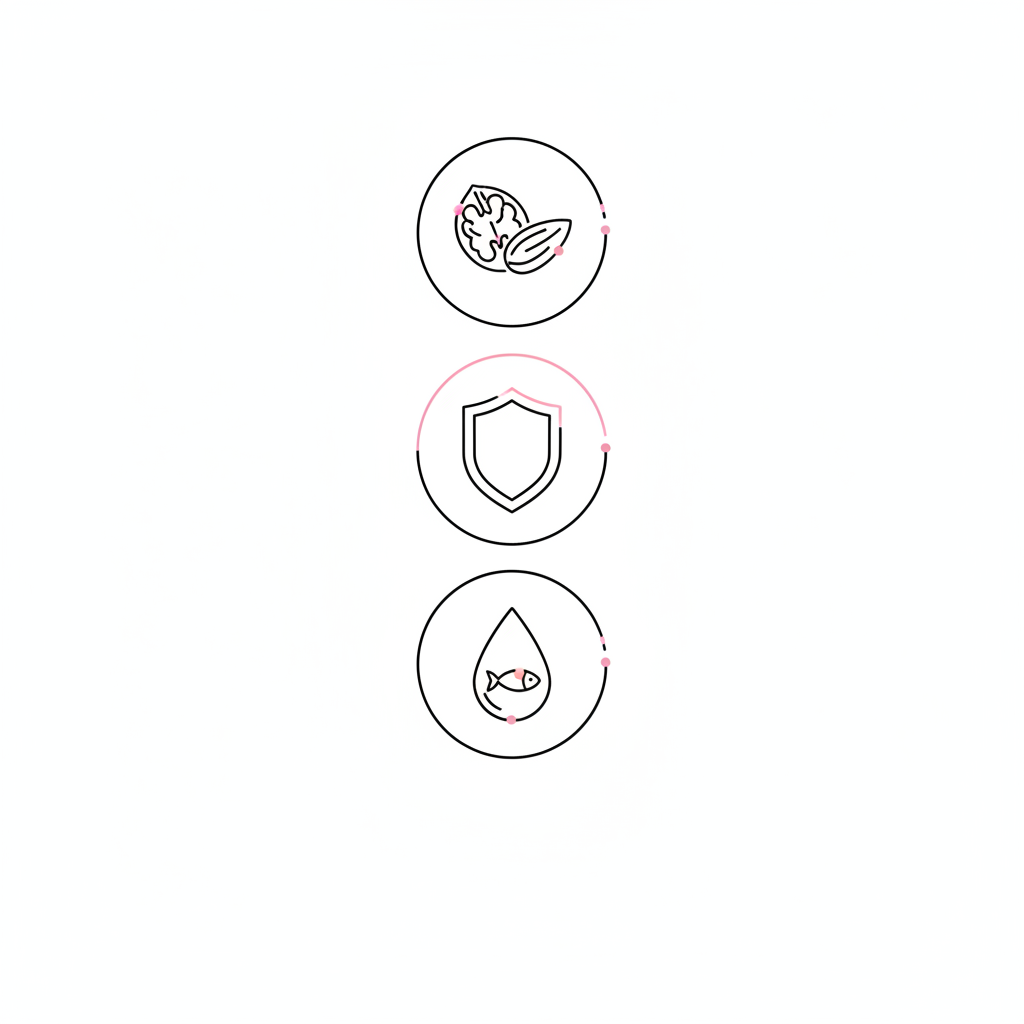 2D Vektor-Infografik mit drei Icons (Nusscluster, Schutzschild für Antioxidantien, Tropfen für Omega‑3) in NailX-Farben auf weißem Hintergrund – Beste Nüsse für Nägel